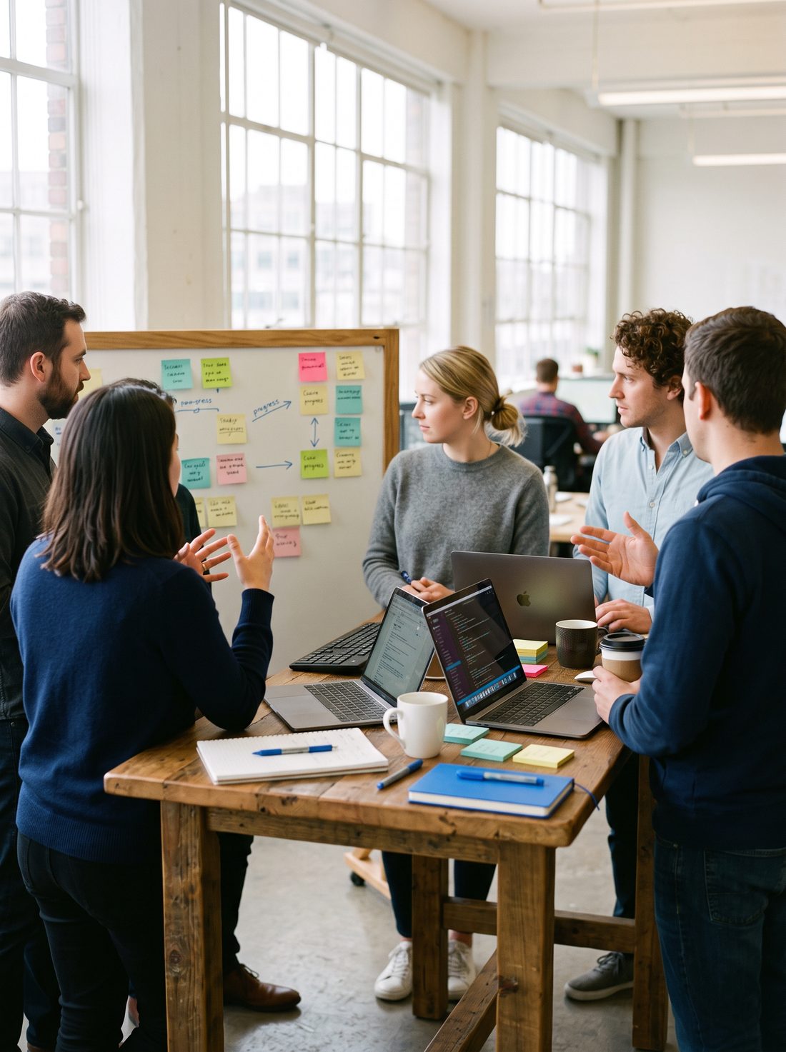 A software team in a standup discussion around a table