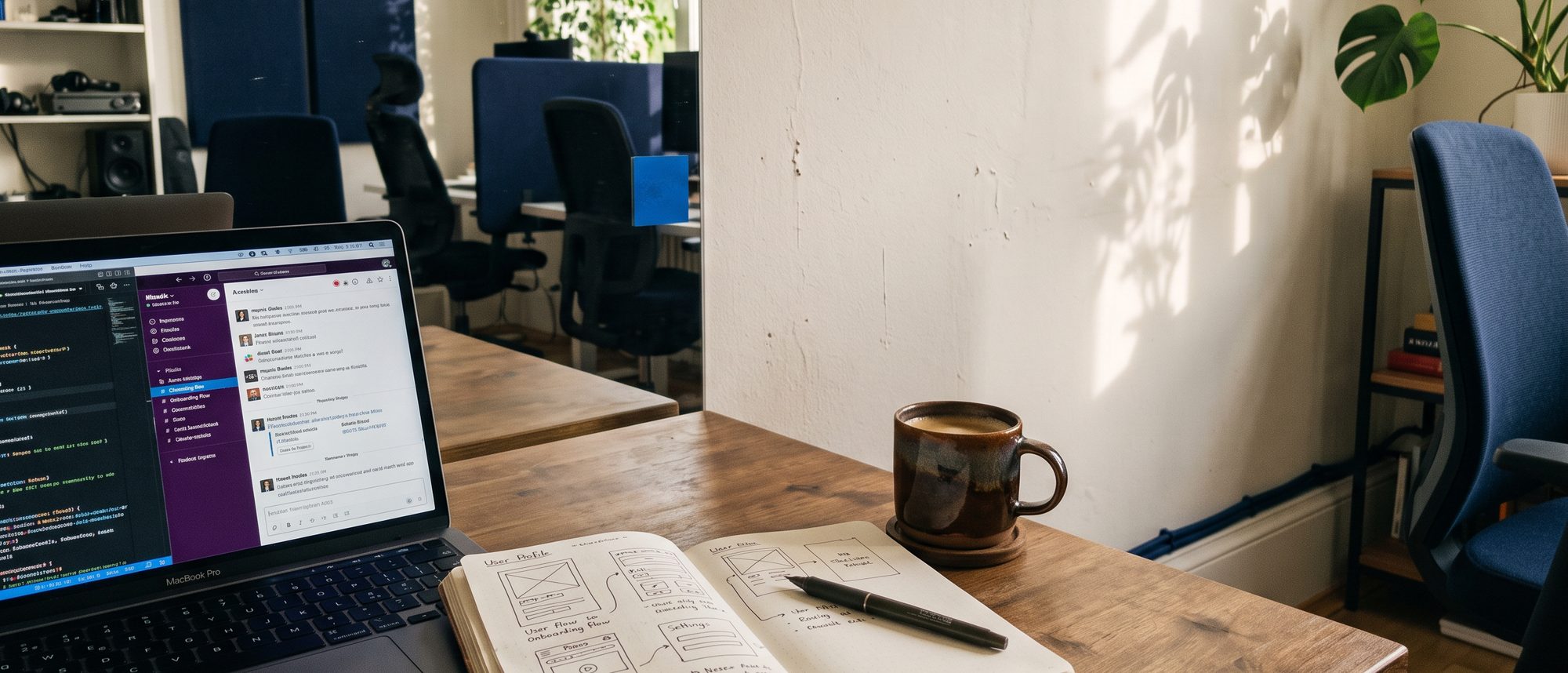 A quiet desk in the studio with a laptop, a sketchbook and morning light on the wall