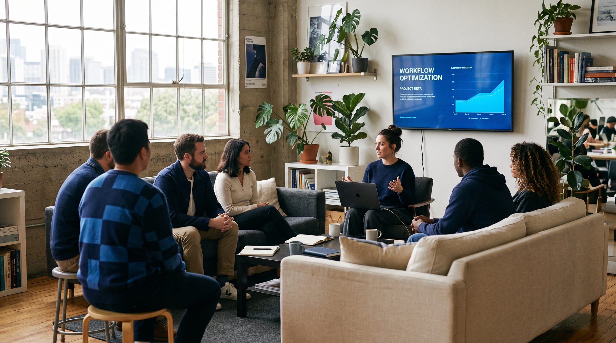 A knowledge-sharing session in a bright studio office